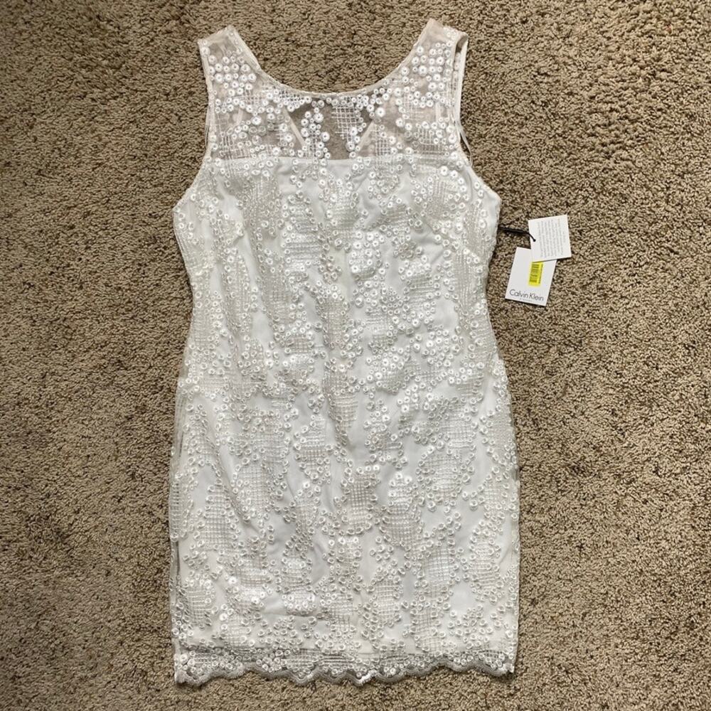 New Calvin Klein Sleeveless Dress White Lace Bridal Size 14